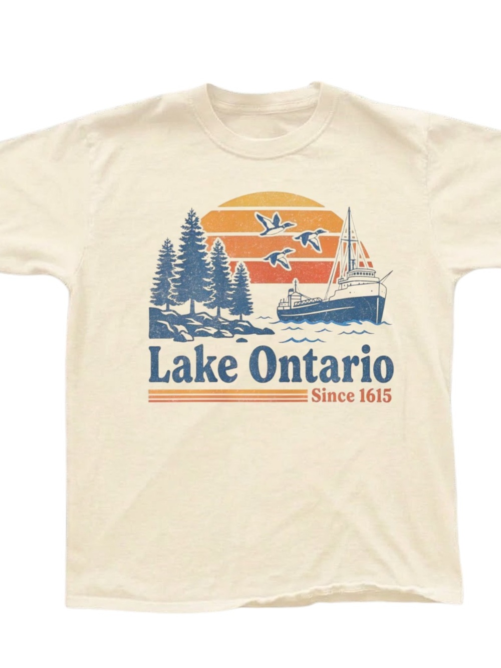 Lake Ontario Graphic T‑Shirt - Cream with Blue & Orange Print, Gift For Her, Him